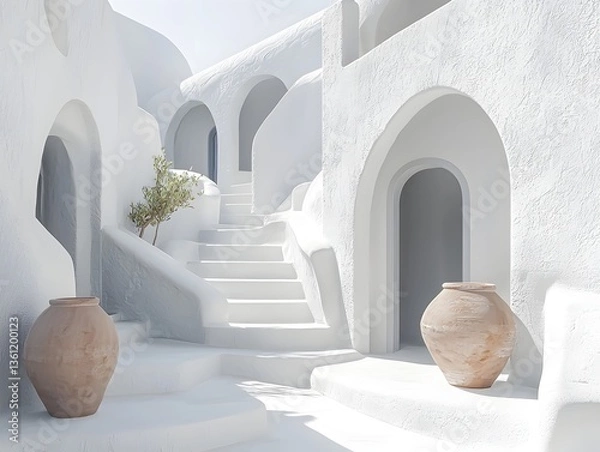 Fototapeta Serene Cycladic Architecture with Curved White Walls and Narrow Alleyways on Clean Backdrop