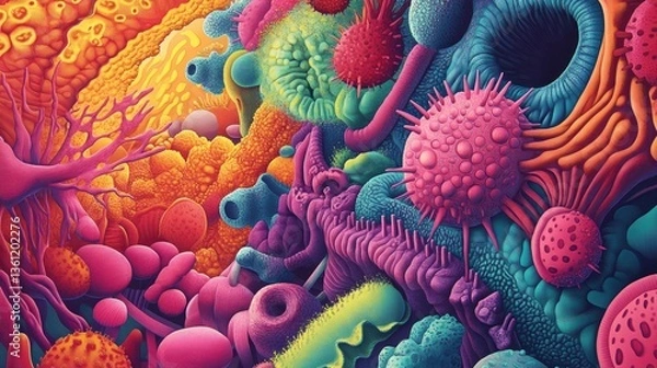 Fototapeta A bright and colorful illustration of a virus in a microscopic view, with intricate details that showcase its structure and function