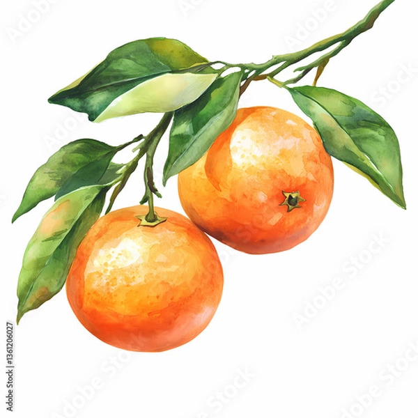 Fototapeta Watercolor Painting of Two Oranges on a Branch