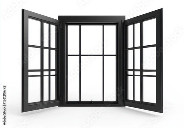 Fototapeta Open Black Casement Window with Multiple Panes on White Background