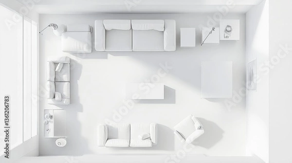 Fototapeta A spacious white living room interior design seen from a top-down perspective, with contemporary furnishings and sleek, minimalist style
