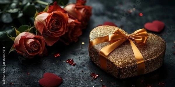 Fototapeta Romantic Red Roses and Gold Glitter Heart Gift Box on Dark Background
