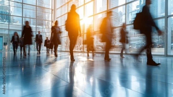 Fototapeta Silhouetted Business People Walking Through Modern Office Building With Motion Blur and Warm Sunlight