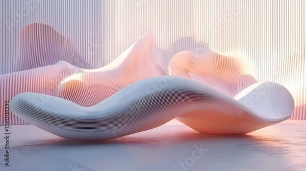 Fototapeta Soft Elegant 3D Wave Patterns on Clean Minimalist White Background Futuristic Design Concept