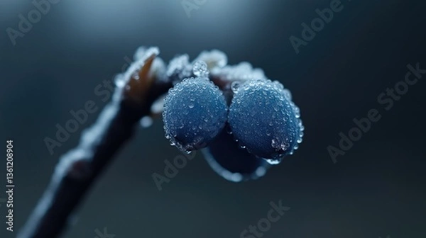 Fototapeta Frozen berries on a branch in the cold