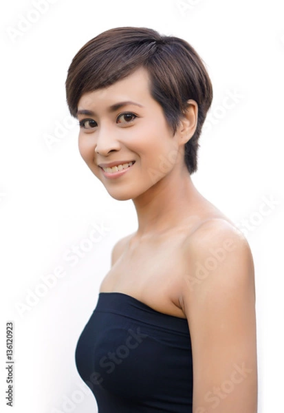 Obraz Attractive woman smiling and wearing black tube top isolated on white background