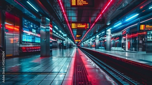 Fototapeta Futuristic Subway Station with Vibrant Neon Lights and Digital Billboards