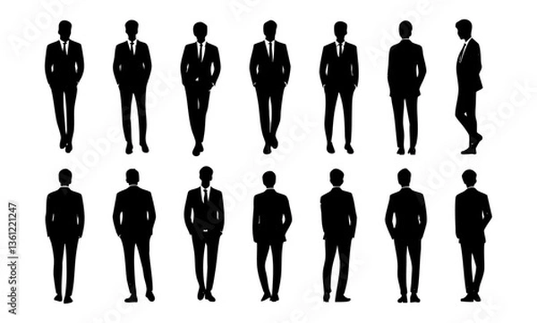 Fototapeta Collection of Silhouettes of Businessmen in Suits Displaying Various Postures and Actions on a White Background