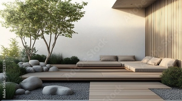 Obraz Photorealistic image of a modern Japanese Zen garden with a sleek, minimalist wooden deck, a low sofa with neutral cushions, and a carefully arranged rock garden.