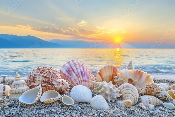 Obraz Seashells on beach at sunset