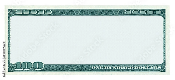 Fototapeta Pusty banknot 100 dolarów wzór na białym tle