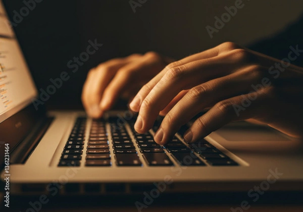 Fototapeta A person typing on a laptop at a desk in a bright room, focused and determined.