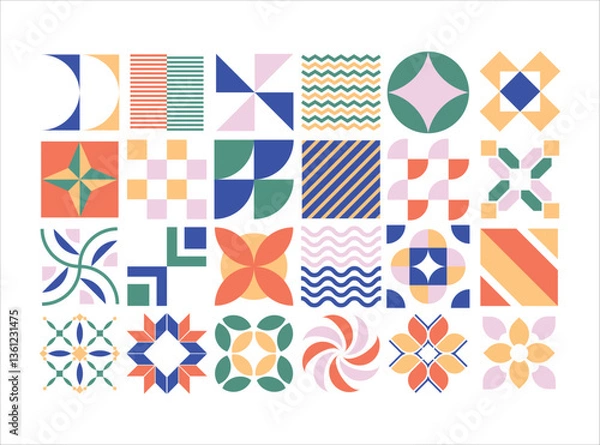 Obraz A colorful array of shapes and patterns, including squares, triangles