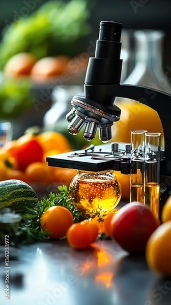 Fototapeta Lab Microscope Examining Fruit & Vegetable Extracts