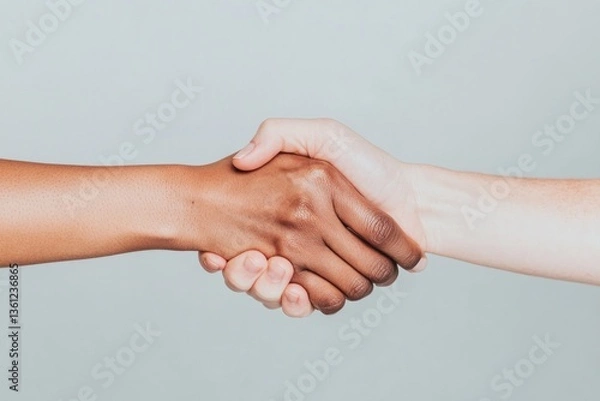 Fototapeta close-up photo depicts two diverse hands clasped in warm gesture of friendship and support