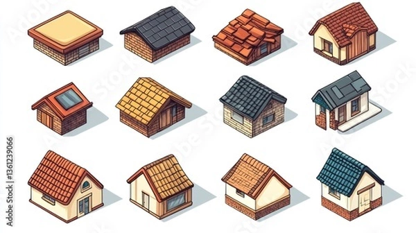 Fototapeta Isometric view of twelve different houses with different roofs, isolated on white