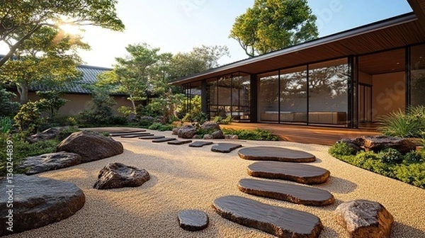 Fototapeta A zen garden invites contemplation with its arrangement of rocks and sand, featuring stepping stones that lead through the serene space