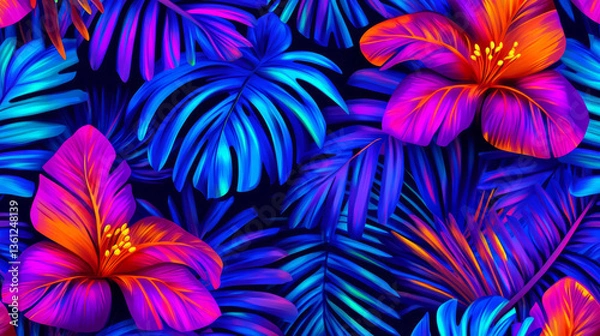 Fototapeta Vibrant tropical flowers and foliage pattern