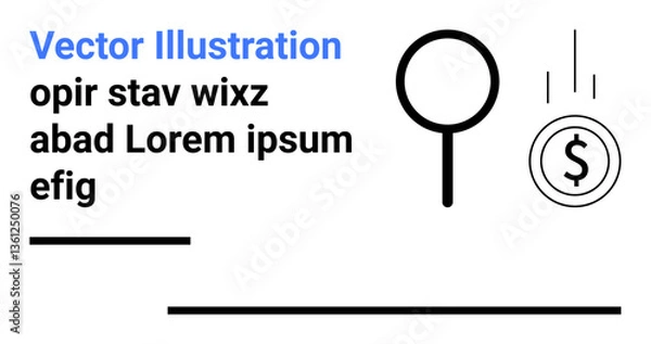 Fototapeta Magnifying glass and dollar coin symbolize search and finance. Clean text and lines suggest focus, clarity, and simplicity. Ideal for business, finance, search, marketing, analytics education