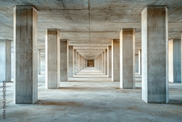 Fototapeta underneath a newly built concrete construction filled with a series of strong pillars, offering a perspective view of depth and structure 