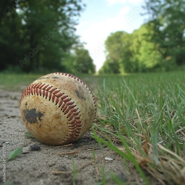 Obraz An old baseball resting on the ground near a grassy area