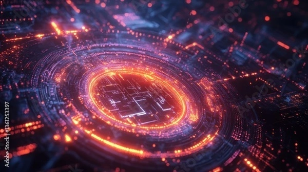 Fototapeta Abstract digital circuit glowing with orange and violet light, intricate network of interconnected lines and glowing circles.