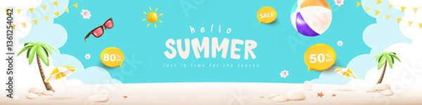 Fototapeta Summer web banner poster with summer beach scene design background