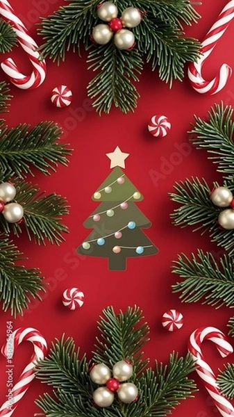 Fototapeta A festive Christmas background featuring candy canes pine branches holiday decorations on vibrant red backdrop with a decorated Christmas tree. mockup template for Christmas ads posters greeting cards