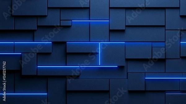 Fototapeta Abstract dark blue geometric background with glowing neon blue lines.