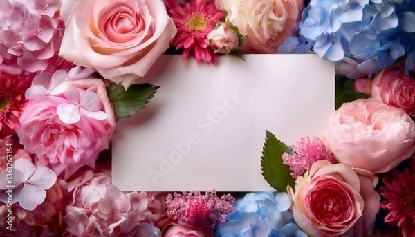 Obraz Blank greeting card with beautiful bouquet of roses peonies and hydrangeas