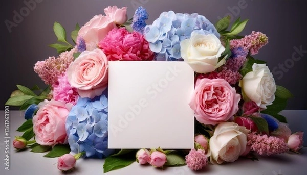 Obraz Blank Square greeting card with a beautiful bouquet of roses, peonies, and hydrangeas