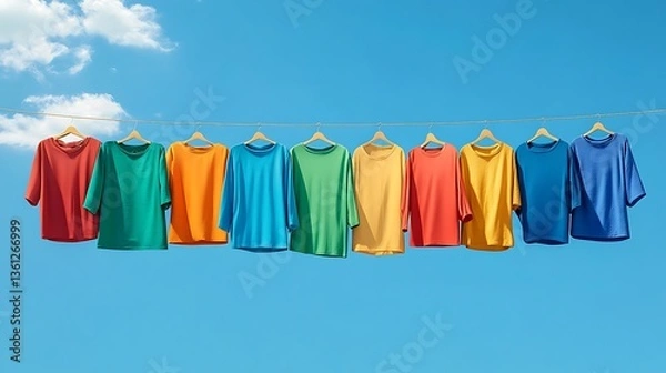 Fototapeta Rainbow of T-Shirts Drying on a Sunny Day AI Generated