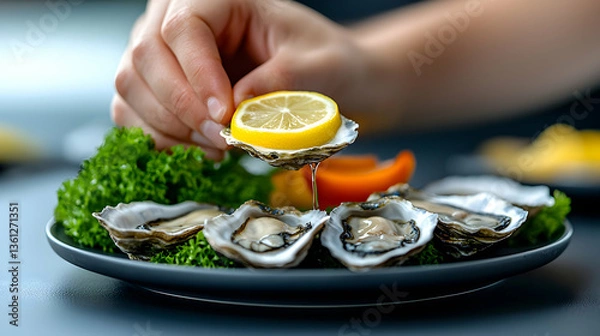 Fototapeta Hand Placing Lemon Slice on Fresh Oysters on a Grey Plate