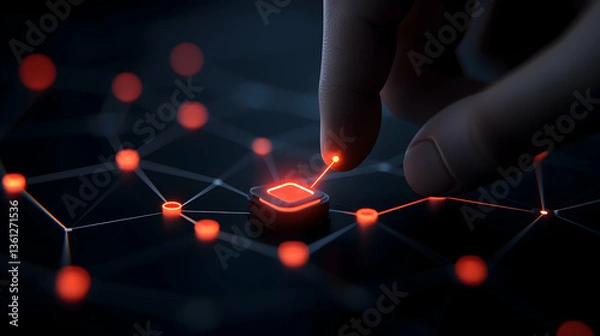 Fototapeta Hand Touching Glowing Red Button on Dark Network