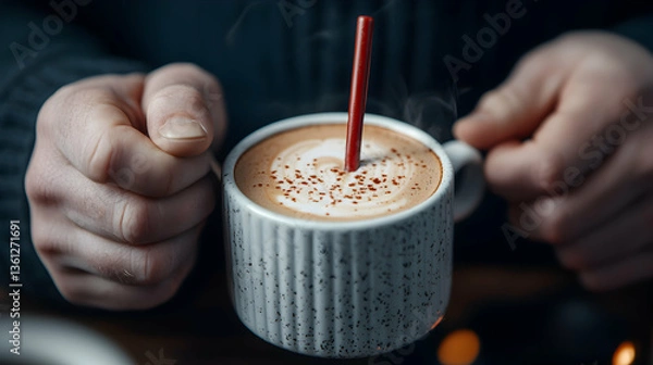Fototapeta Hands Holding a Steaming Mug of Hot Chocolate with Latte Art
