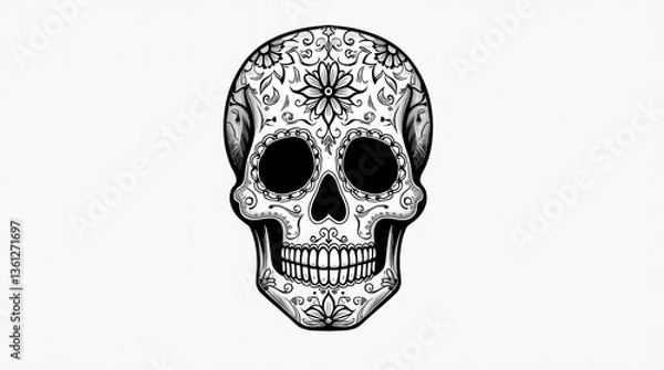 Obraz A minimalist black and white Mexican sugar skull with intricate floral line art, ideal for tattoo designs or modern illustrations.