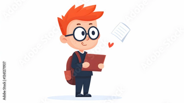 Fototapeta Happy Boy Student with Red Hair and Glasses Reading a Book