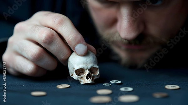 Fototapeta Man Examining Ancient Skull and Coins Close Up