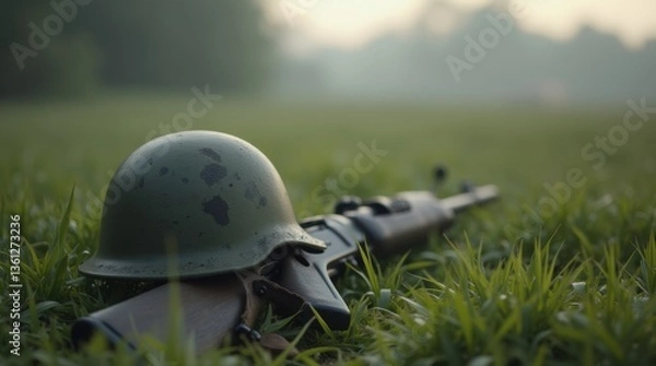 Fototapeta Soldier’s helmet resting on a rifle in a field with blurred green grass, in soft grayscale for a peaceful resting scene.