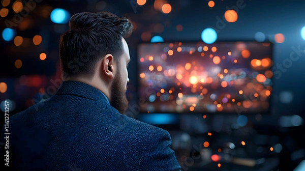 Fototapeta Man in Blue Jacket Watching Colorful Screen in Dark Room