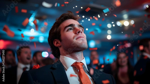 Fototapeta Man in Suit Gazing Upward Amidst Falling Confetti at a Festive Event
