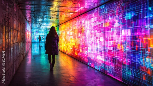 Fototapeta A person walks through a colorful, illuminated corridor with vibrant patterns.