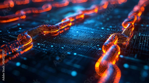 Fototapeta Digital chain links glowing amidst a tech background of data and connections.