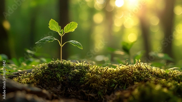 Fototapeta A young plant grows on a mossy surface in a sunlit forest.