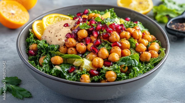 Fototapeta vibrant salad bowl featuring kale, roasted chickpeas, and fresh pomegranate. This colorful dish
