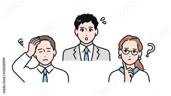 Fototapeta 悩む表情のビジネスチームのシンプルなベクターイラストセット