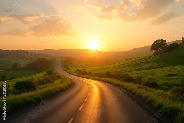 Fototapeta Driving towards the sunset on a serene road in nature's landscape capturing tranquility
