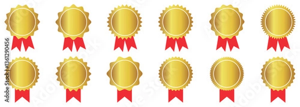 Fototapeta golden winner badge medallion, Vintage labels. Badge check icon. Verify icon stamp. Star shape. Certified badge for company or celebration. Set of vector starburst, sunburst badges.