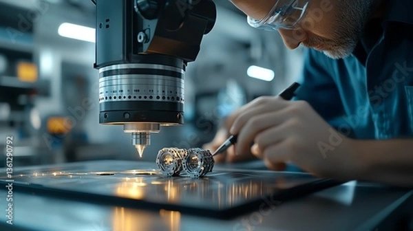 Obraz A 3D scanner scanning a broken mechanical part for reverse engineering