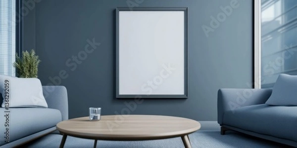 Obraz Modern living room displays a frame above a wooden table